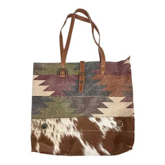 Myra Canvas & Cowhide Leather Tote Southwest Aztec Double Shoulder Strap Western - Picture 2 of 16